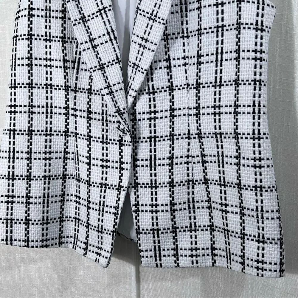 Nanette Lepore Black & White Woven Tweed Plaid One Button Blazer Vest Size M